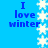 Blue background with blue text reading "I love winter" and white snowflakes arranged vertically in two