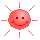 Red circular pixelated face with two square eyes and a curved mouth, surrounded by radiating lines in various configurations.