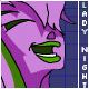 Animated purple-skinned character with green hair and mouth, smiling against blue background with vertical text
