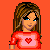 Pixel art contact sheet showing three frames of a Valentine's Day-themed animated buddy icon with a female character in red and blue attire against an orange background.