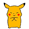 Yellow cartoon creature with red cheeks and black-tipped ears in four , showing static and animated variations of heart symbols and tail position