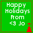 Green square icon with white text 'Happy Holidays From <3 Jo' and red dotted border, featuring a red Christmas tree that changes position across frames.