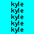 repeating 'kyle' text in black pixelated font on cyan background with white rectangular overlays