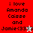 A split-screen image with four quadrants displaying text 'i love Amanda Caisse and Jamie<33' in pixelated font, each quadrant featuring distinct background colors and small animated symbols.