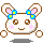 Pixelated bunny head with brown outline, pink cheeks, blue-yellow bows on ears, and four white circular elements against gray background.