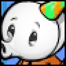 Pixelated static buddy icon featuring a white cartoon character with large eyes and mouth, holding a colorful balloon-like object against a blue background.
