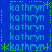 Blue background with repeated light blue 'kathryn' text and green asterisk/dot patterns forming a -like structure