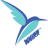 Pixelated bird icon with blue and cyan wings, white beak, dark blue head, and tail against gray background.