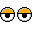 Pixelated circular icon with orange top, black middle, and white bottom sections showing sequential eye expressions from neutral to squinted.