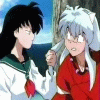 anime scenes featuring characters with silver hair and red clothing in various emotional interactions under different backgrounds