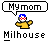 Pixelated character with blue hair and red-and-white checkered face wears yellow shirt, shown in three variations with different speech bubbles reading My mom, thinks I'm, cool above the figure.