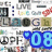 Pixelated static image showing multiple distinct text-based and symbolic icons arranged in a grid-like layout with varying colors and shapes.