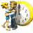 Animated sequence of a couple embracing beside a large yellow clock, with the woman's hair changing from tied to loose across frames.
