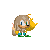 Pixel art character with light brown hair and yellow star-shaped prop, transitioning to red-haired variant with gray headpiece on gray background.
