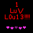 Red pixelated text '1 LV Lou13!!!!' on black background with pink and purple pixelated symbols below.