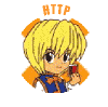 Pixelated anime-style character with blonde hair and blue-orange clothing holding a red object, surrounded by orange text arcs on white background.
