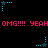 Pixelated animation with repeating pink text and blue star-shaped icons on black background.