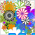 Pixelated floral arrangement with orange, purple, and blue flowers surrounding a central gray circular element, set against a white background.