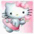 Hello Kitty character in pink dress with bow on left side of contact sheet, green text logo on right side against dark background.