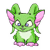 Green pixelated creature with pink ears and feet, white chest, blue eyes in one view, closed eyes in another.