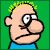 Pixelated cartoon character with light brown skin, blue shirt, and yellow spiky hair against green background showing three distinct facial expressions.