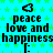 Pixelated icon with cyan background, green star pattern, and repeated text elements including peace symbols and 'peace love and happiness' phrases.