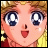 Pixelated anime-style character face with large blue eyes, pink cheeks, and open mouth showing red tongue, next to stylized text on black background.