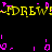 Yellow 'DREW!' text repeats horizontally across black background with scattered pink pixel fragments, animated as if flickering or glitching.