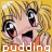 Pixelated static icon featuring a cartoon character with exaggerated facial features and the word "pudding" in white text at the bottom, set against a yellow background.