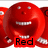 Red spherical character with white eyes and teeth, smiling widely against a red background.