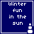 Blue square icon with white pixelated text "Winter fun in the sun" and a small snowman graphic at bottom right.