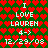 Green background with red heart pattern, white text reading "I LOVE LAUREN 4-> 12/29/08" in two identical vertical sections.
