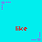 Pixelated red text 'like' repeated across cyan background with pink and purple star-shaped animations.