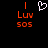 Pixelated red text 'Luv SOS' with a white heart symbol above, displayed on a black background.