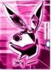 Static pink-toned icon featuring a stylized rabbit mascot with large ears, bow tie, and heart-shaped chest against a striped background.