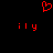Red pixel art displays a heart symbol above two identical 'ily' text strings on black background.