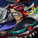 Pixel art character with red eyes, metallic armor, and a blue cape in four repeated positions