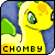 Yellow cartoon creature with green eyes and green wing-like appendages, smiling against a blue background with 'CHOMBY' text below.