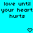Pixelated text on cyan background with two heart symbols below, repeated in mirrored layout.