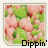 Two side-by-side pixelated images of pink and green food-like shapes with text below each, the right image showing a different arrangement.