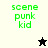 Green pixelated text 'scene punk kid' appears on four background variations with a small star-shaped figure changing from black to white.
