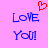 A static image with a light purple background displays two identical blue text blocks reading "LOVE YOU!" and a red pixelated heart symbol above the left block.
