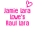 Pixelated pink text and heart symbol on white background, with two identical side-by-side layouts of 'Jamie Lara love's Raul Lara' under a pixelated heart.