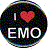 Circular pixelated icon with dark multicolored background, white text "I" and "EMO", red heart symbol replacing "love".