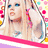 Pixelated image of a person with long blonde hair and blue eyes, wearing a white top with colorful patterns, against a yellow background with pink text.