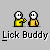 Animated contact sheet of 24 pixel art frames showing two stick figures and a circular face interacting with text bubbles, all labeled "Lick Buddy" beneath each frame.