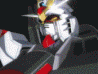 A sequence of animated frames showing a white and red mecha with blue accents in various combat poses against dark space backgrounds, including explosions and weapon fire.