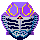 Pixelated icon of a stylized skull with purple glasses, black and white striped patterns on the face, blue accents at the bottom, and red eyes.