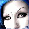 A four- shows a person with blue hair and white face paint, featuring black eyeliner, a small nose stud, and a tiny symbol on the forehead. The right eye changes from green to silver between