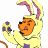 Pixelated cartoon character in yellow bunny costume with pink ears, orange face, and purple accents on white background; green text 'OriginalIcons.com' on dark green